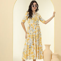 Yellow Floral Printed Fit & Flare Midi Dress