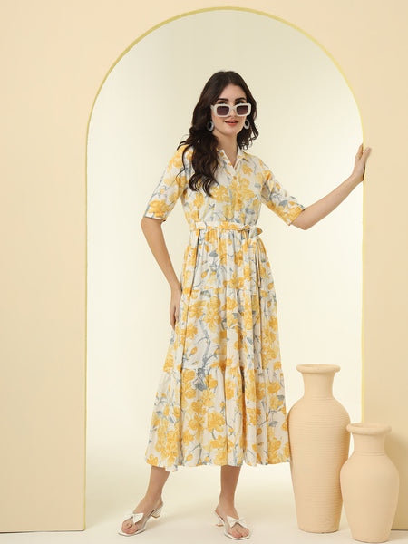 Yellow Floral Printed Fit & Flare Midi Dress