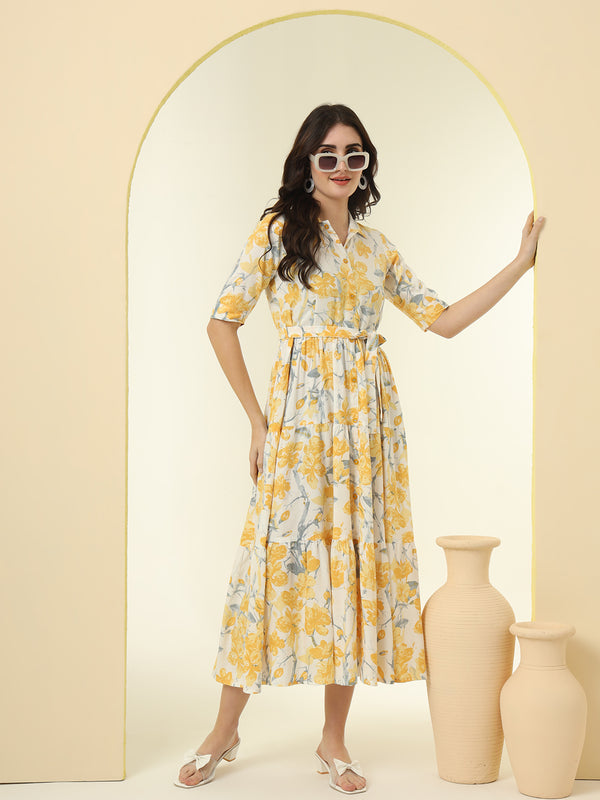 Yellow Floral Printed Fit & Flare Midi Dress