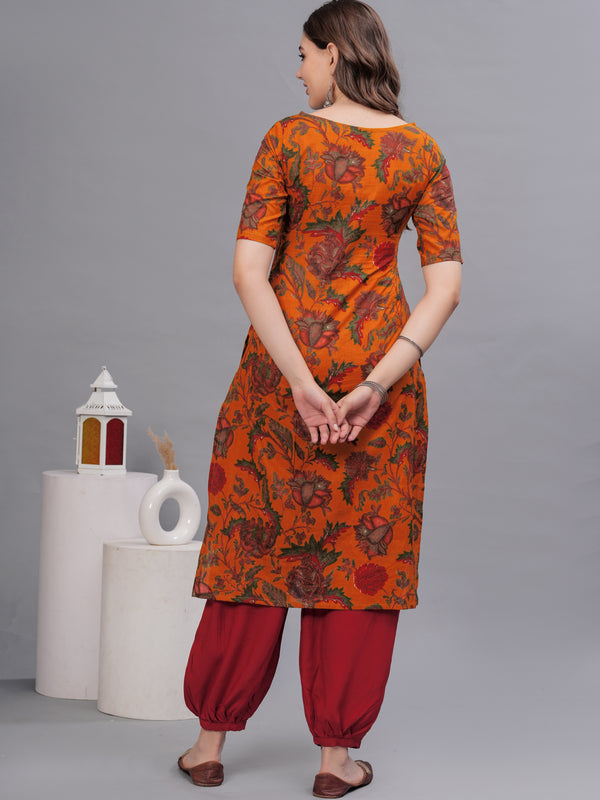 Floral Printed Thread Work Pure Cotton Kurta with Salwar
