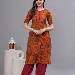 Floral Printed Thread Work Pure Cotton Kurta with Salwar