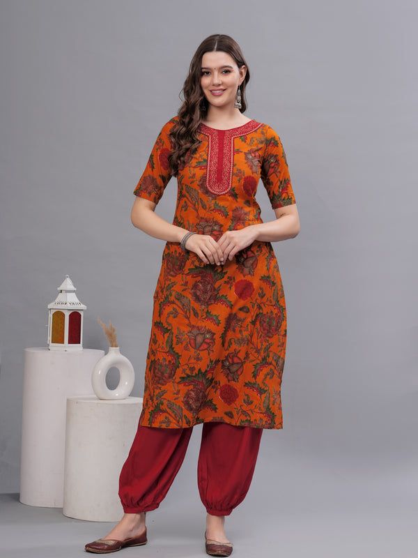 Floral Printed Thread Work Pure Cotton Kurta with Salwar