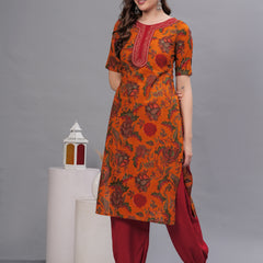 Floral Printed Thread Work Pure Cotton Kurta with Salwar