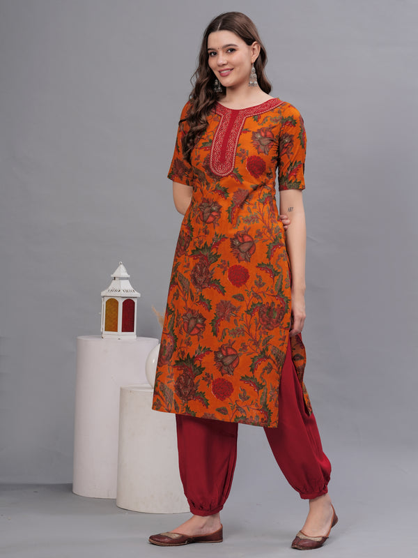 Floral Printed Thread Work Pure Cotton Kurta with Salwar