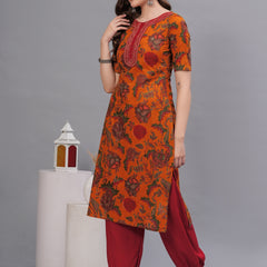Floral Printed Thread Work Pure Cotton Kurta with Salwar