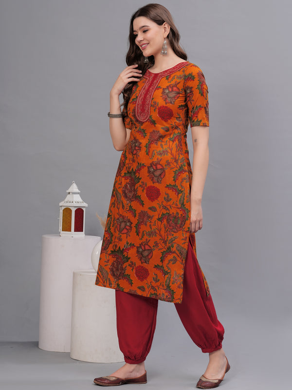 Floral Printed Thread Work Pure Cotton Kurta with Salwar