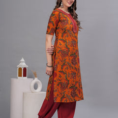 Floral Printed Thread Work Pure Cotton Kurta with Salwar