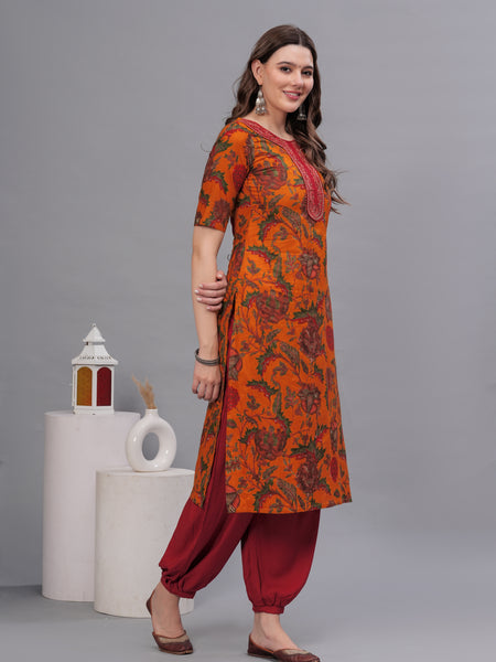 Floral Printed Thread Work Pure Cotton Kurta with Salwar