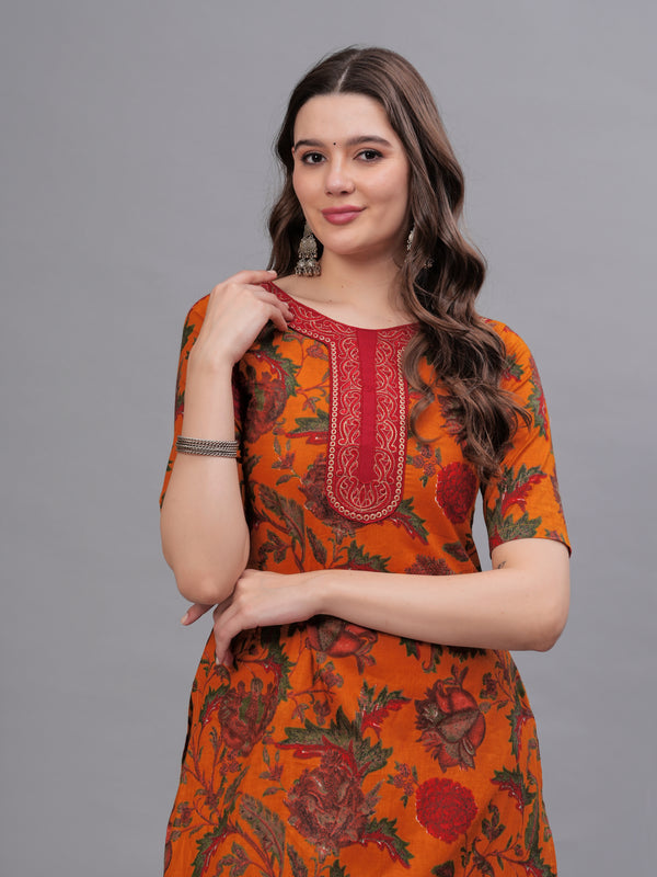 Floral Printed Thread Work Pure Cotton Kurta with Salwar