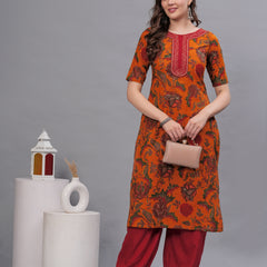 Floral Printed Thread Work Pure Cotton Kurta with Salwar
