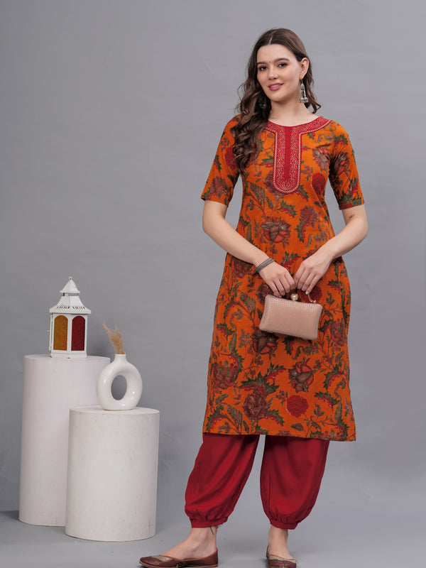 Floral Printed Thread Work Pure Cotton Kurta with Salwar