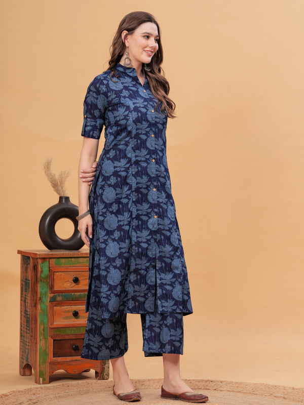 Women Floral Print Cotton Kurta With Plazzos