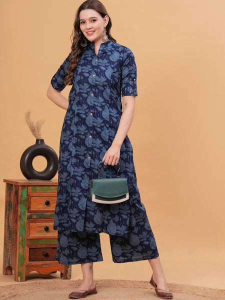 Women Floral Print Cotton Kurta With Plazzos