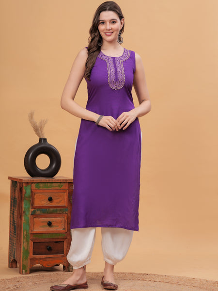 Women Embroidered Purple Kurta with Harem Pants