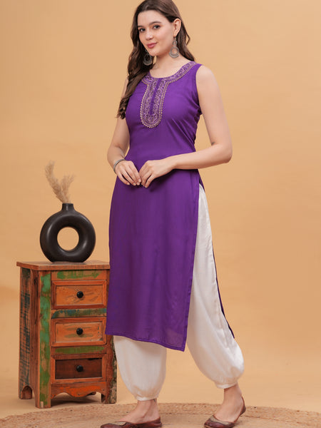 Women Embroidered Purple Kurta with Harem Pants