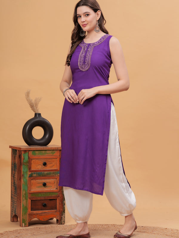Women Embroidered Purple Kurta with Harem Pants