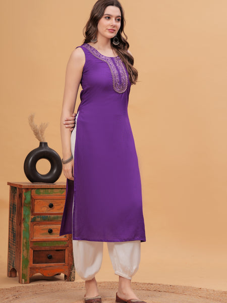 Women Embroidered Purple Kurta with Harem Pants