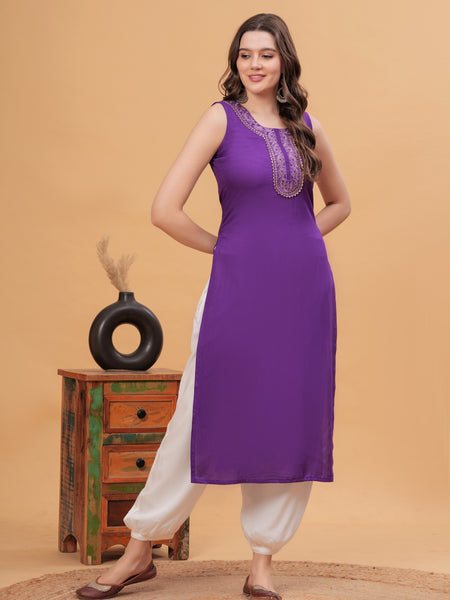 Women Embroidered Purple Kurta with Harem Pants