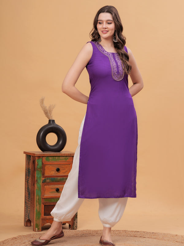 Women Embroidered Purple Kurta with Harem Pants