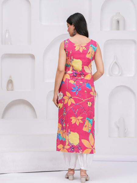 Women Floral Printed Sleeveless Straight Kurta