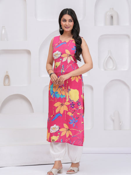Women Floral Printed Sleeveless Straight Kurta