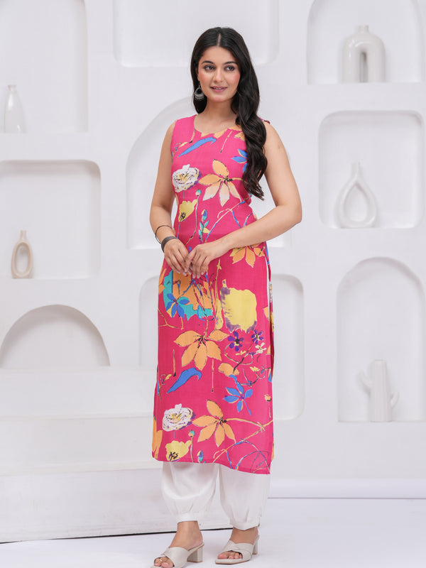 Women Floral Printed Sleeveless Straight Kurta