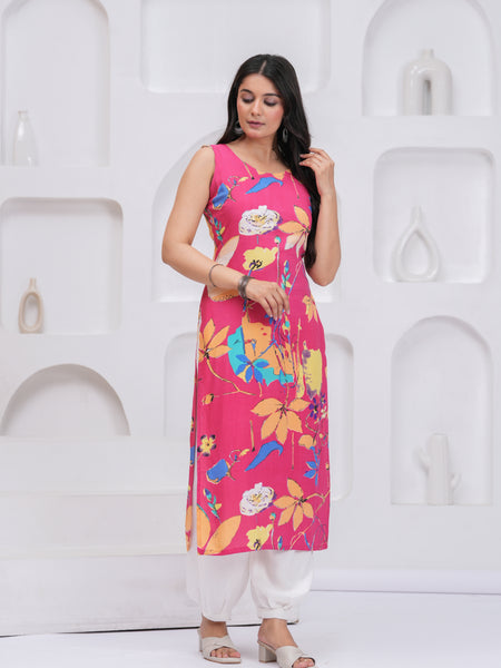 Women Floral Printed Sleeveless Straight Kurta