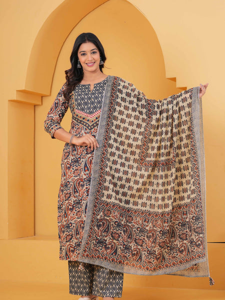 Women Multicolor Pure Cotton Kurta with Trousers & With Dupatta