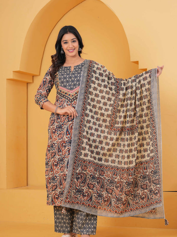 Women Multicolor Pure Cotton Kurta with Trousers & With Dupatta