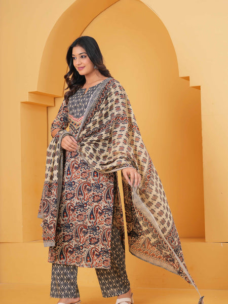 Women Multicolor Pure Cotton Kurta with Trousers & With Dupatta