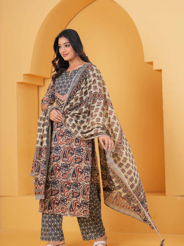Women Multicolor Pure Cotton Kurta with Trousers & With Dupatta