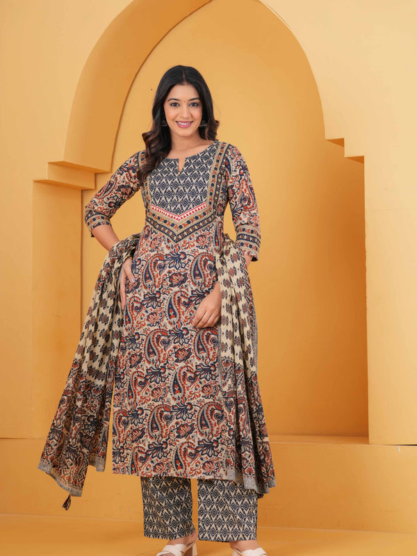 Women Multicolor Pure Cotton Kurta with Trousers & With Dupatta