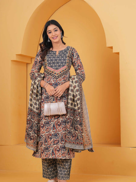 Women Multicolor Pure Cotton Kurta with Trousers & With Dupatta