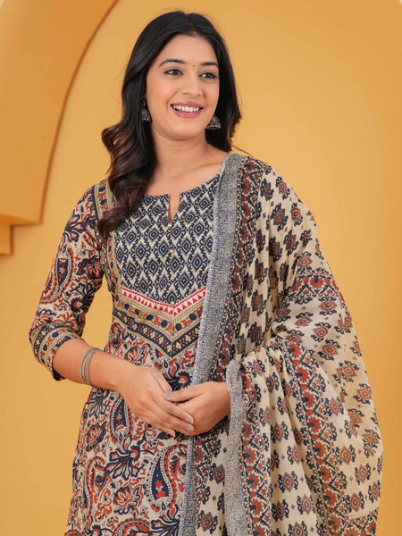 Women Multicolor Pure Cotton Kurta with Trousers & With Dupatta