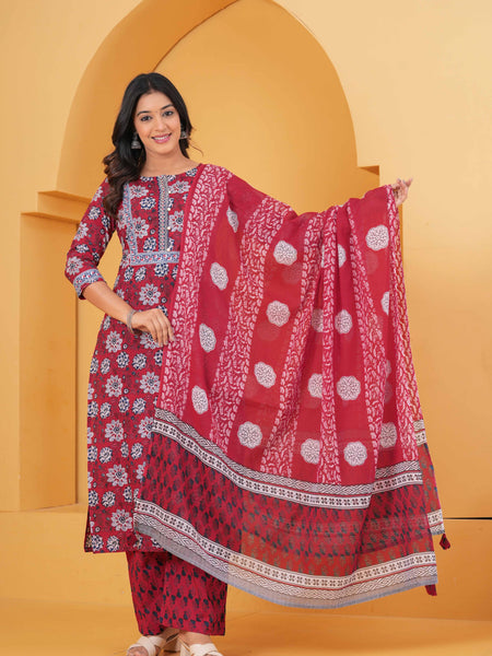 Women Floral Printed Regular Pure Cotton Kurta with Palazzos & With Dupatta