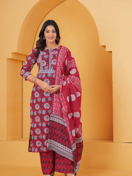 Women Floral Printed Regular Pure Cotton Kurta with Palazzos & With Dupatta