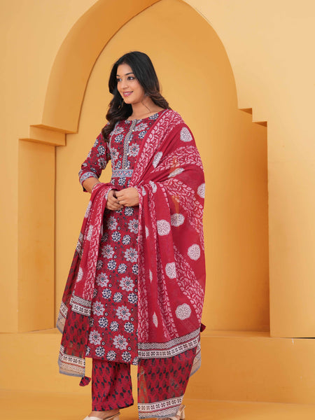 Women Floral Printed Regular Pure Cotton Kurta with Palazzos & With Dupatta