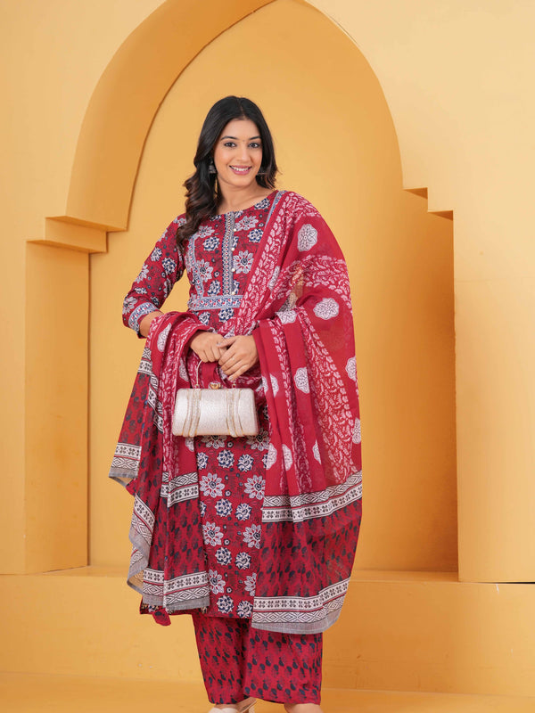Women Floral Printed Regular Pure Cotton Kurta with Palazzos & With Dupatta