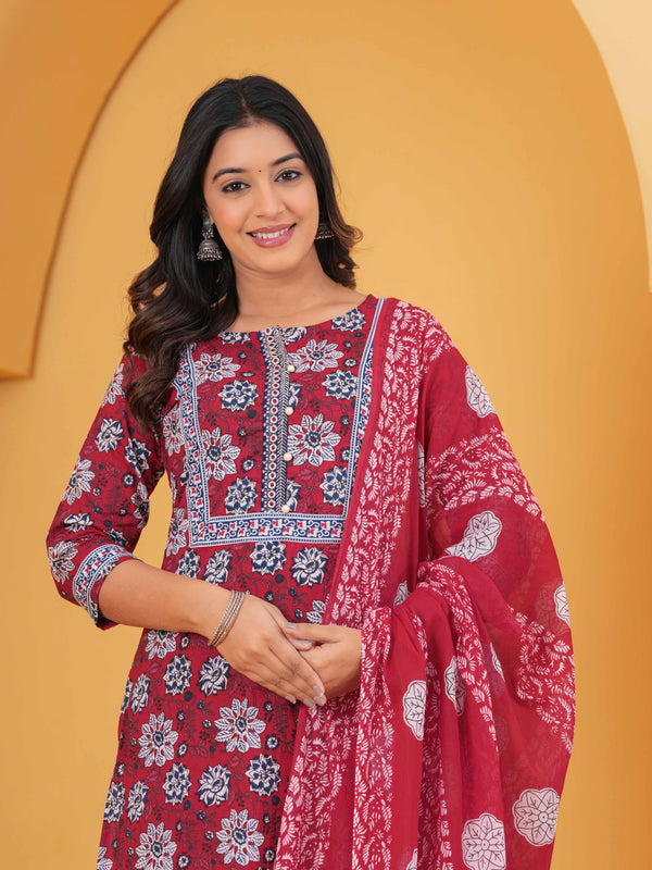 Women Floral Printed Regular Pure Cotton Kurta with Palazzos & With Dupatta