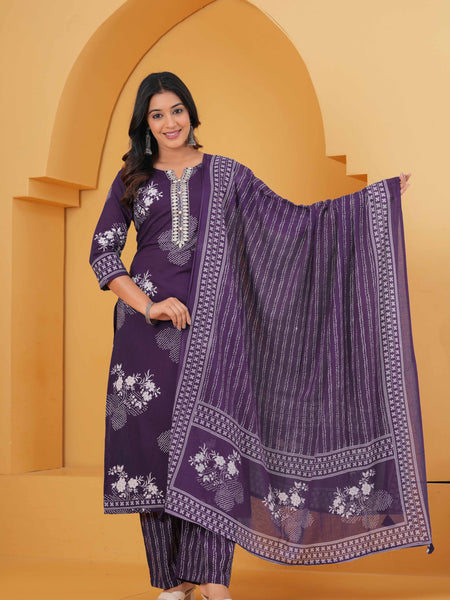 Women Pure Cotton Kurta with Trousers & With Dupatta