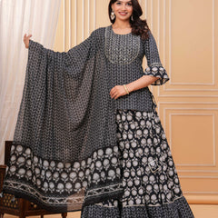 Women Ethnic Motifs Printed Cotton A-Line Kurti with Skirt & Dupatta