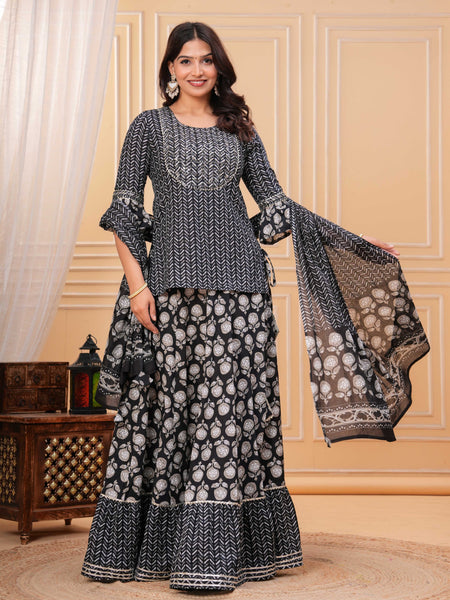 Women Ethnic Motifs Printed Cotton A-Line Kurti with Skirt & Dupatta