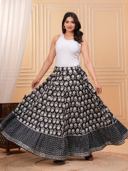 Women Black Floral Block Print Long Skirt