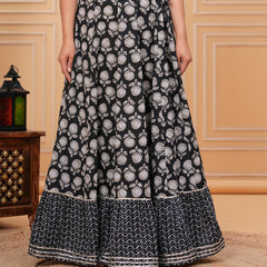 Women Black Floral Block Print Long Skirt