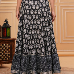 Women Black Floral Block Print Long Skirt