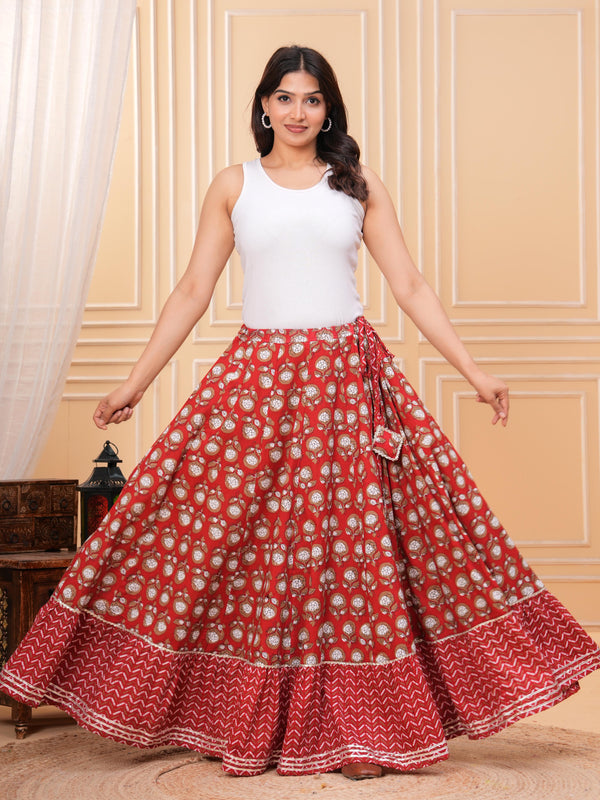 Women Floral Printed Cotton Flared Maxi Skirt