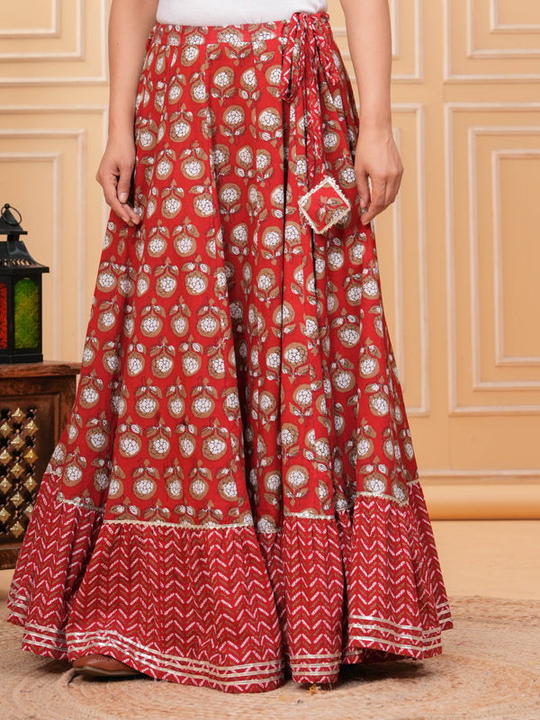 Women Floral Printed Cotton Flared Maxi Skirt