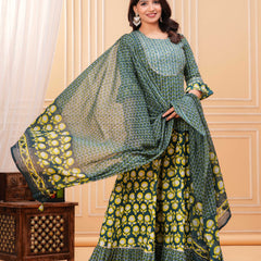 Women Ethnic Motifs Printed Cotton A-Line Kurti with Skirt & Dupatta