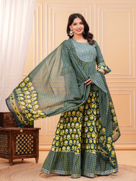 Women Ethnic Motifs Printed Cotton A-Line Kurti with Skirt & Dupatta