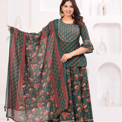 Women Floral Printed Cotton A-Line Kurti with Skirt & Dupatta
